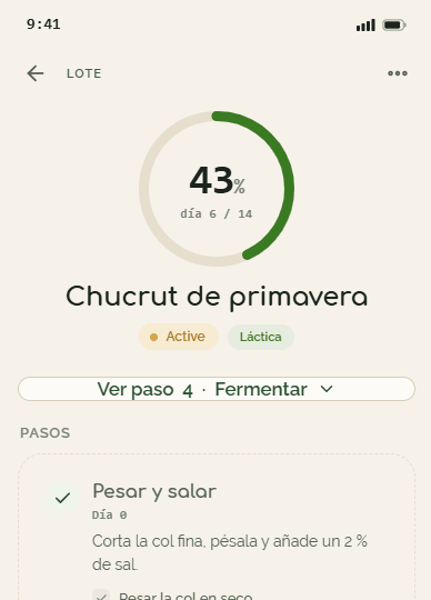 Pantalla de un lote en Fermenty: aro de progreso, estado y pasos