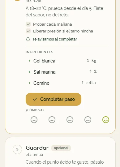 Paso de fermentación con ingredientes y escala de sensación