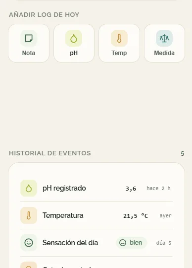 Barra de registro rápido e historial de eventos